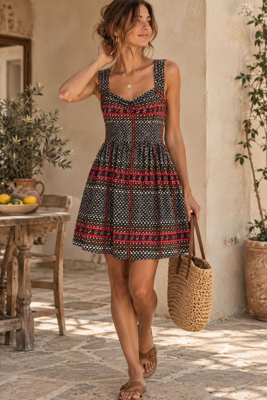 Anthropologie Maple Black Multicolor Boho Print Silk Sundress Knee Length Size 4